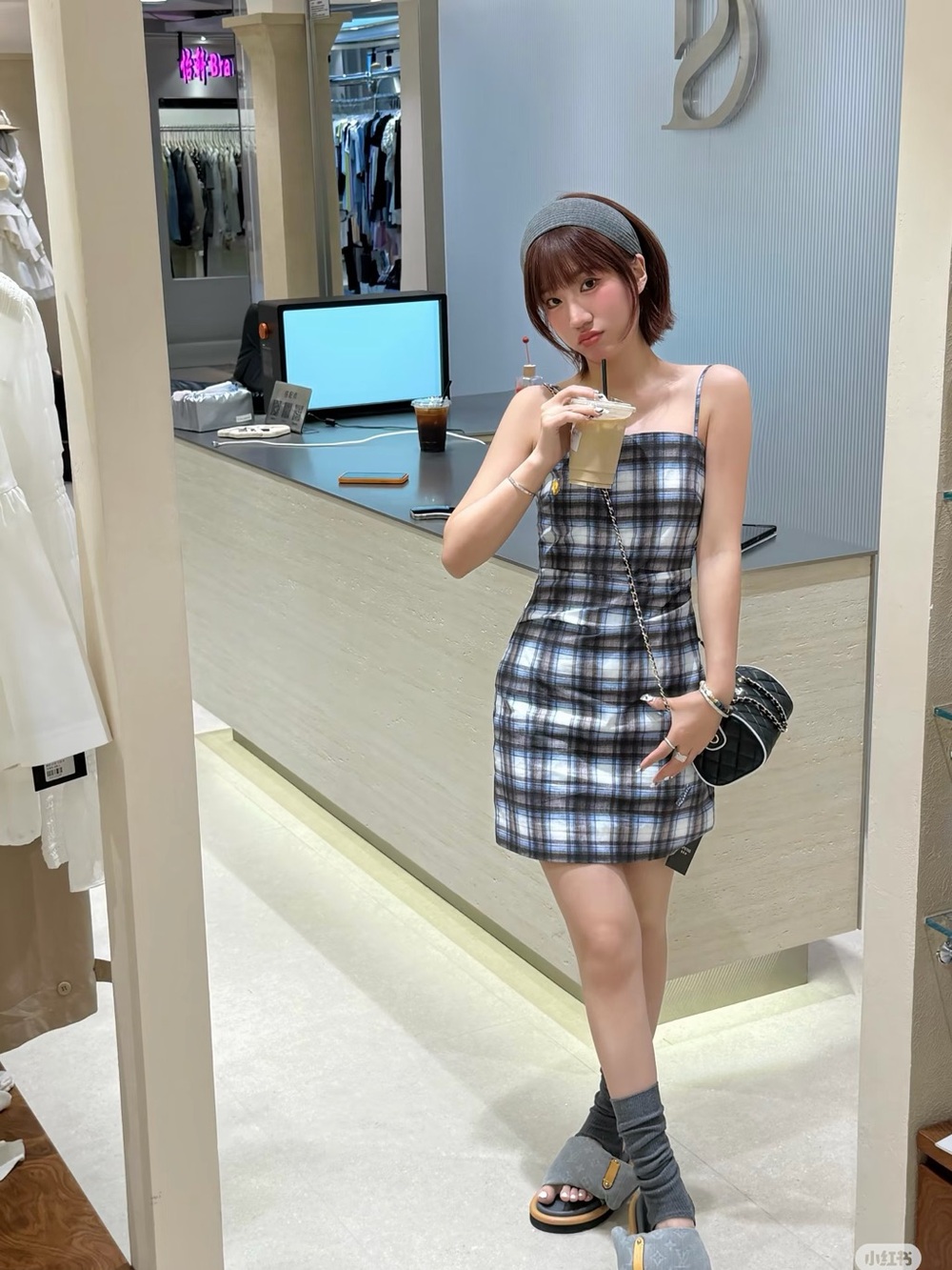 Acne Blue and White Plaid Asymmetrical Mini Dress